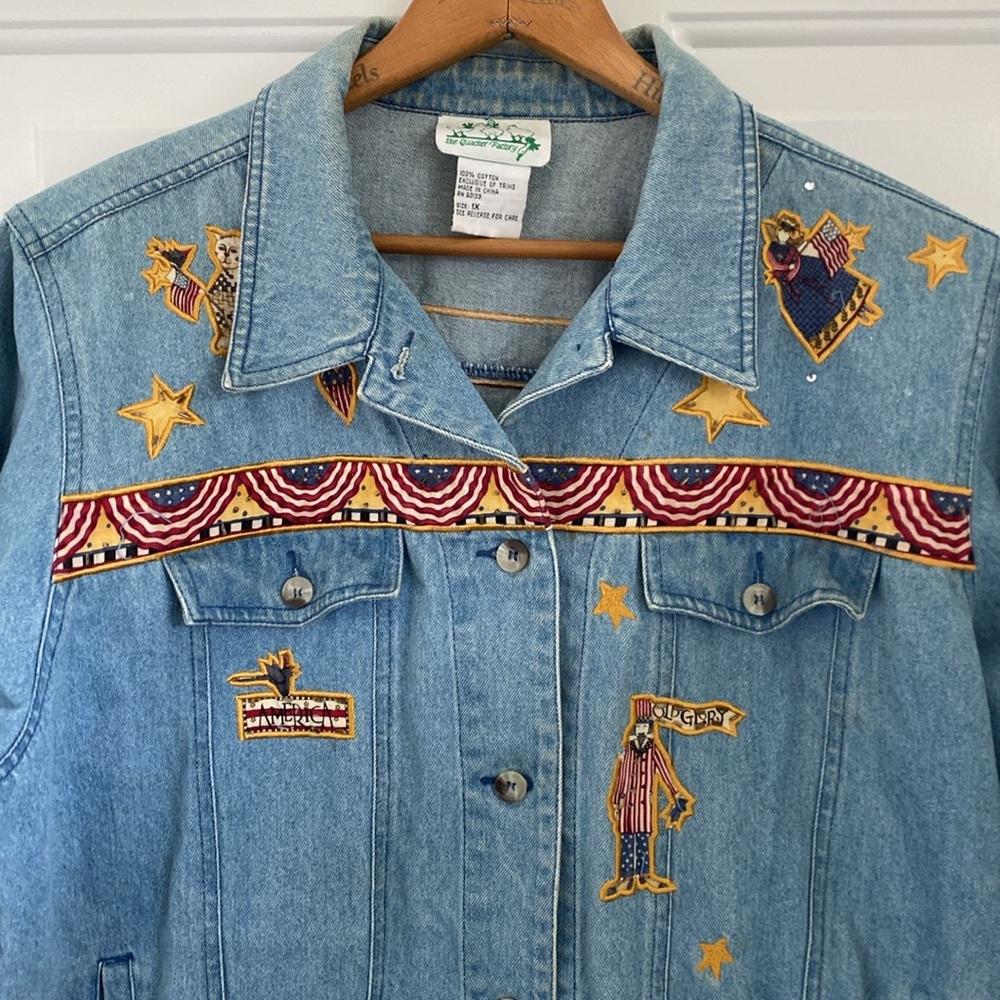 Quacker Factory Patriotic USA Denim Jean Jacket. Size XL